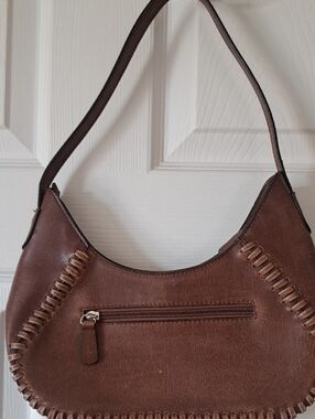 Brown Whipstitch Shoulder Bag with Front Zip